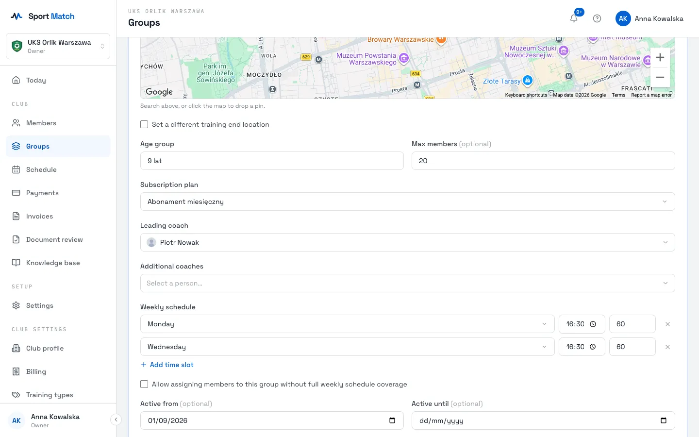 Sport Match screenshot: Enter the Age group and, optionally, Max members. Pick the Subscription plan (the training type with its price list), the Leading coach and any Additional coaches.