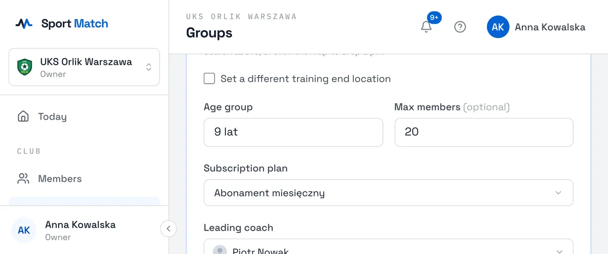 Sport Match screenshot: Enter the Age group and, optionally, Max members. Pick the Subscription plan (the training type with its price list), the Leading coach and any Additional coaches.