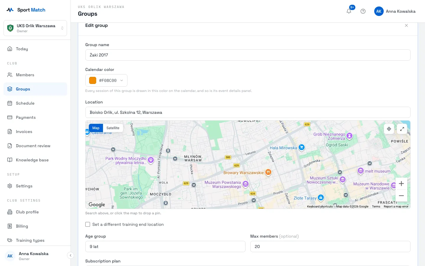Sport Match screenshot: Enter the Group name, choose a Calendar color and the Location (search for an address or click on the map). If sessions end somewhere else, tick Set a different training end location.
