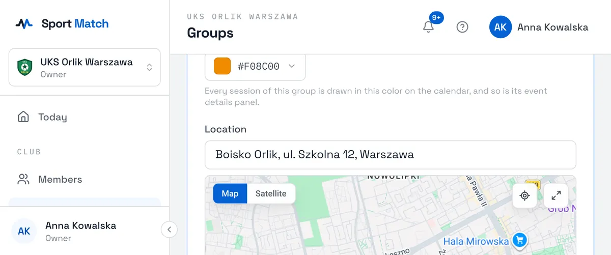 Sport Match screenshot: Enter the Group name, choose a Calendar color and the Location (search for an address or click on the map). If sessions end somewhere else, tick Set a different training end location.