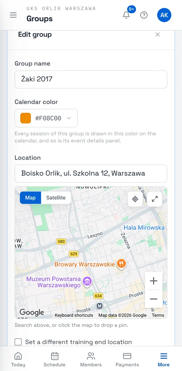 Sport Match screenshot: Enter the Group name, choose a Calendar color and the Location (search for an address or click on the map). If sessions end somewhere else, tick Set a different training end location.