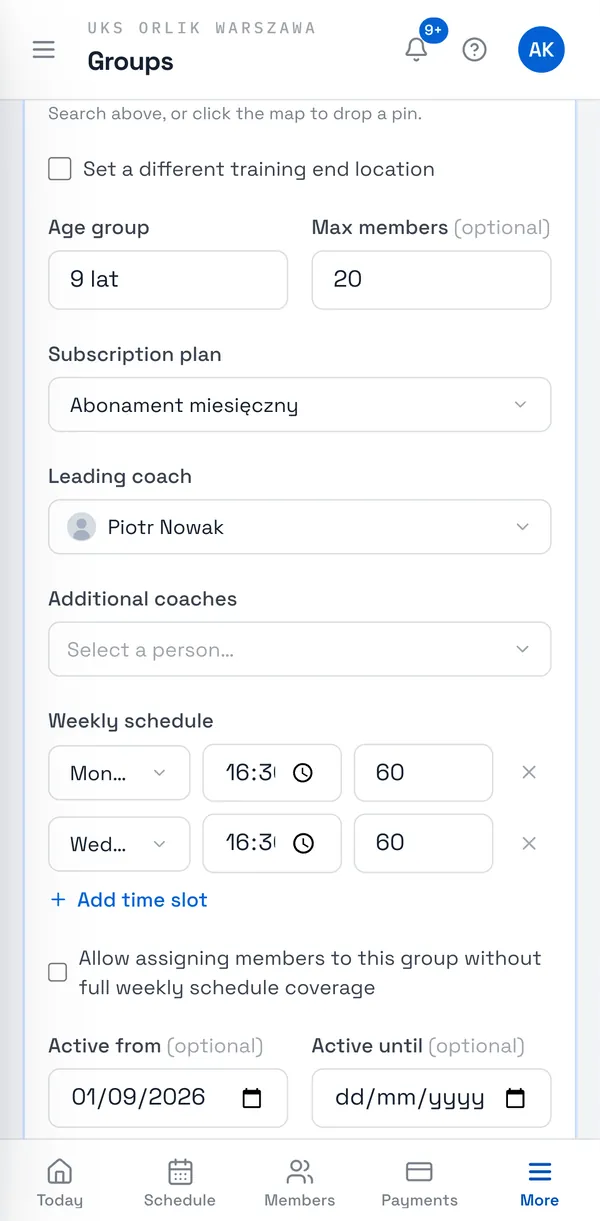 Sport Match screenshot: Enter the Age group and, optionally, Max members. Pick the Subscription plan (the training type with its price list), the Leading coach and any Additional coaches.