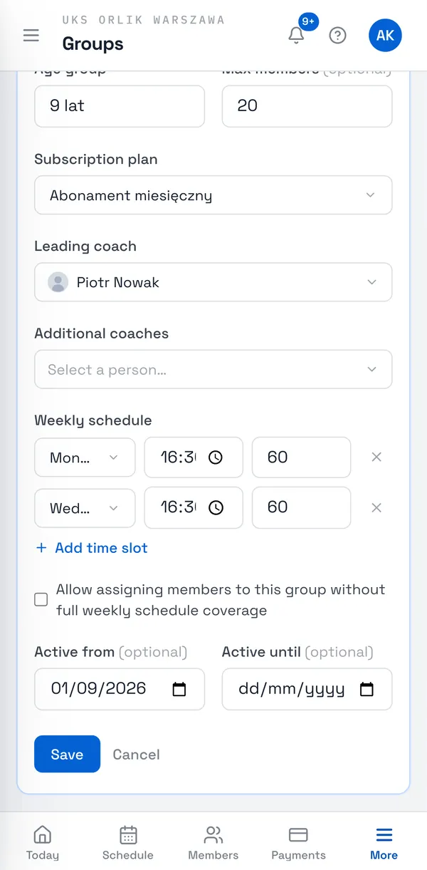 Sport Match screenshot: Under Weekly schedule, choose Add time slot and set the day, time and duration (in minutes) of each session. The cross removes a slot.