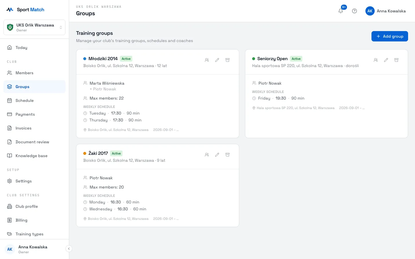 Sport Match screenshot: Choose Add group. To change an existing group, choose the Edit pencil on its card.