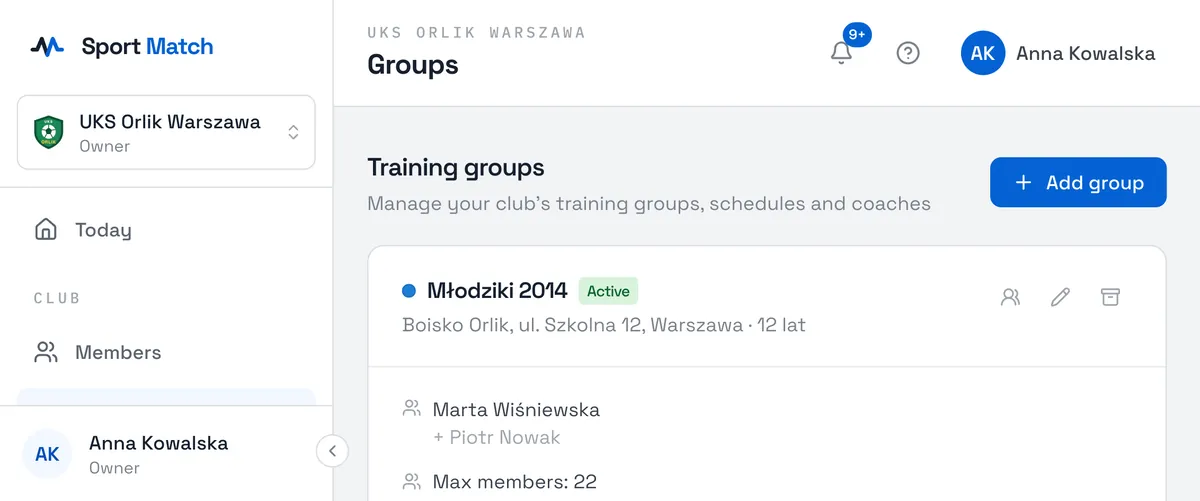 Sport Match screenshot: Choose Add group. To change an existing group, choose the Edit pencil on its card.