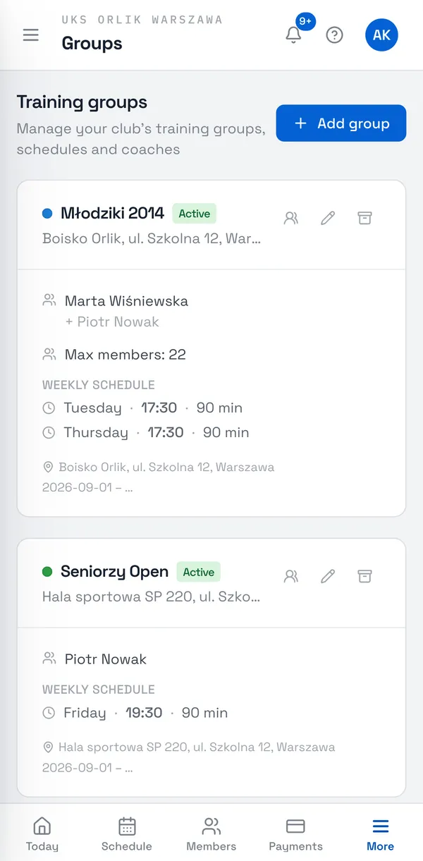 Sport Match screenshot: Choose Add group. To change an existing group, choose the Edit pencil on its card.