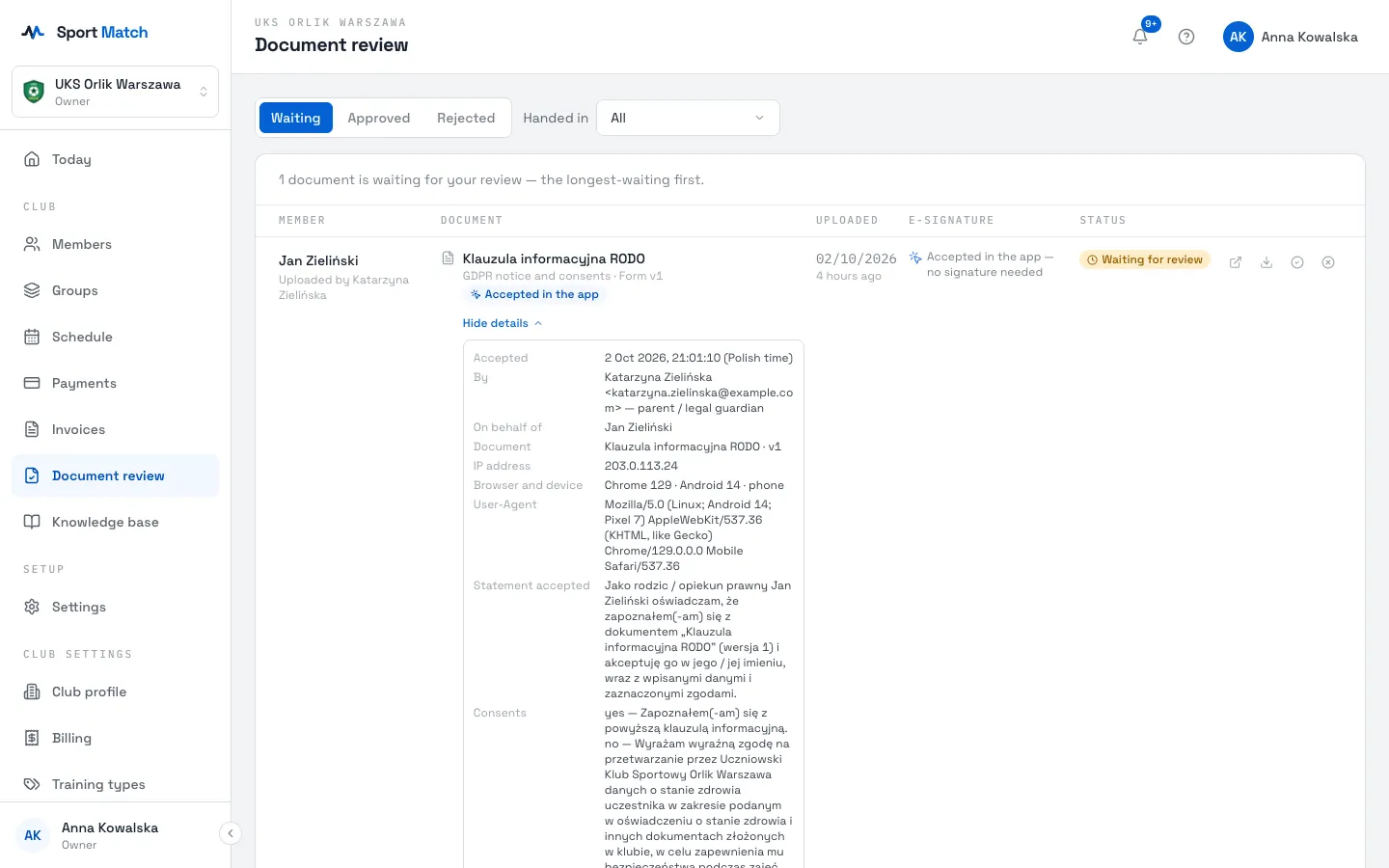Sport Match screenshot: The acceptance details of a document a parent accepted in the app.