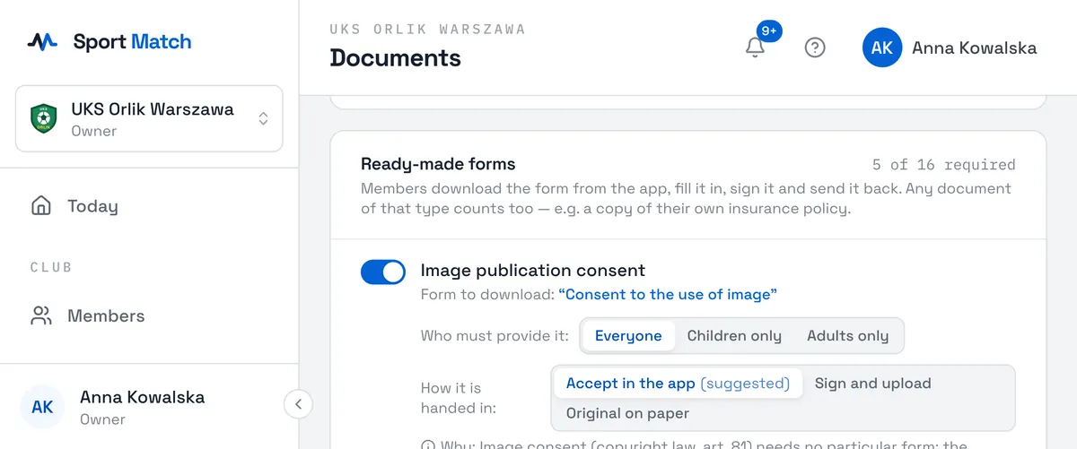 Sport Match screenshot: Under Club settings in the menu, open Documents, Required documents tab.