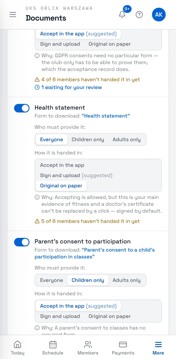 Sport Match screenshot: Choosing how a document is handed in: the health statement as a paper original.