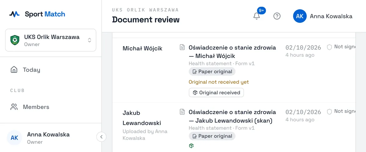 Sport Match screenshot: When the signed original reaches the club, find the document in the list (e.g. the Approved tab, filter Original not received) or on the member’s page, and next to “Original not received yet” choose Original received.