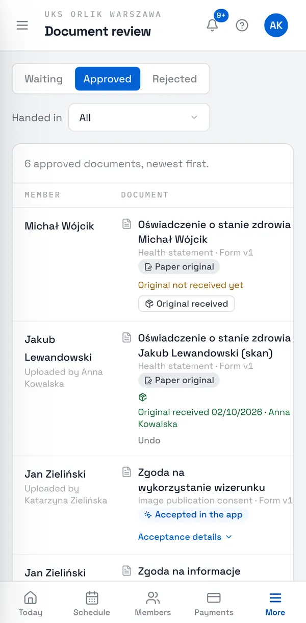Sport Match screenshot: When the signed original reaches the club, find the document in the list (e.g. the Approved tab, filter Original not received) or on the member’s page, and next to “Original not received yet” choose Original received.