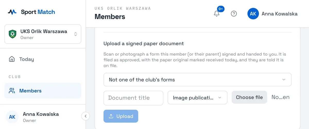 Sport Match screenshot: Someone handed you a signed paper form? Open the member’s page (for a child, the child’s page), the Documents tab and Upload a signed paper document. Or click the missing document under Required by the club.