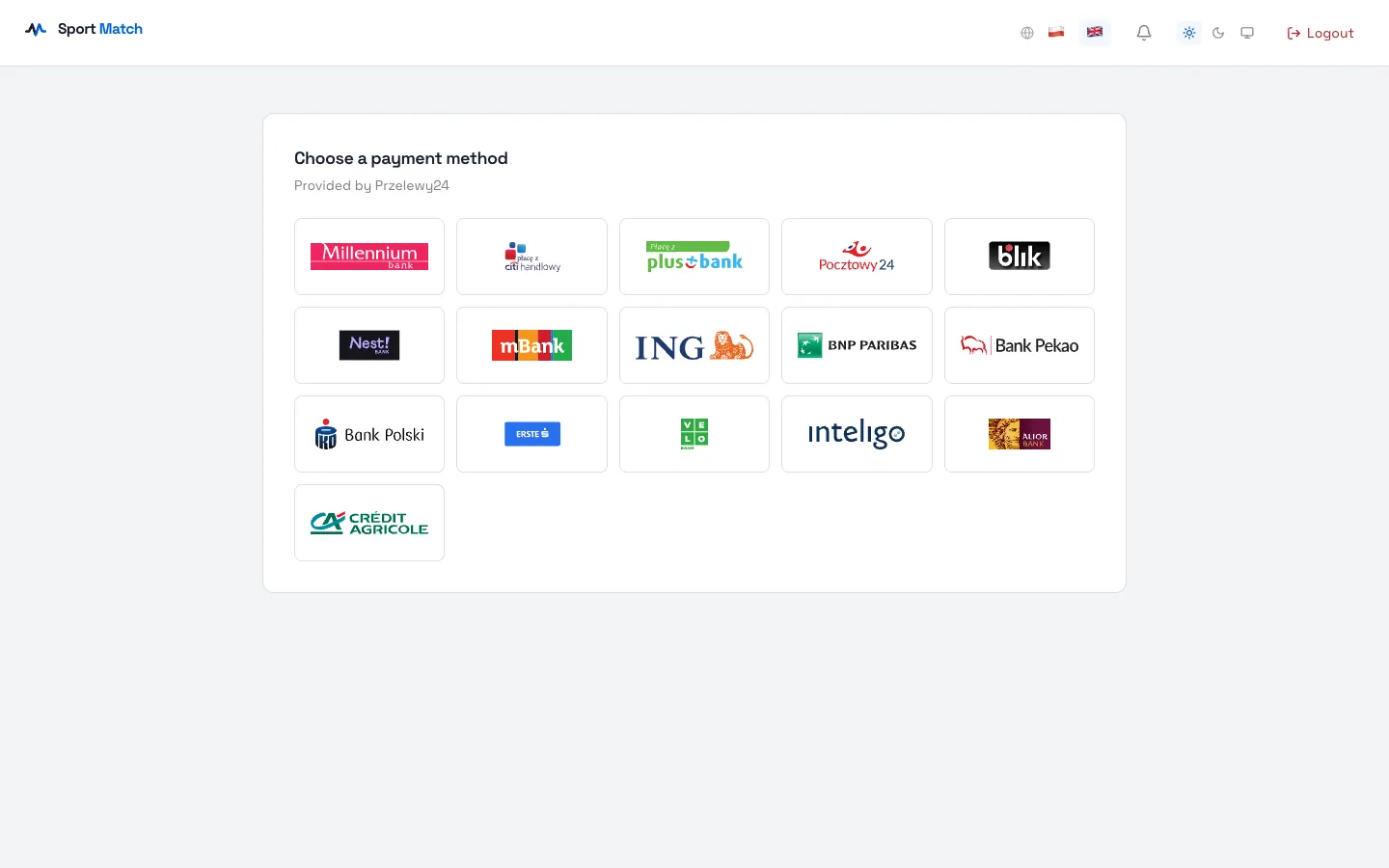Sport Match screenshot: Pick your bank or BLIK under Choose a payment method (payments are handled by Przelewy24). You are taken to the payment page — pay as you normally would with your bank.