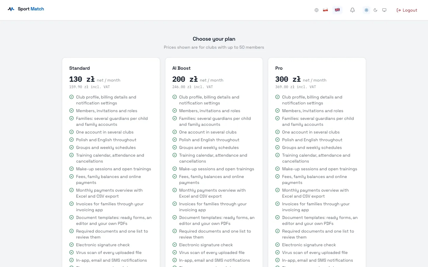 Sport Match screenshot: Compare the plans and choose Choose this plan on the one you want. Prices are net (23% VAT is added) and cover clubs with up to 50 members; every further 50 members is +30 PLN net a month.
