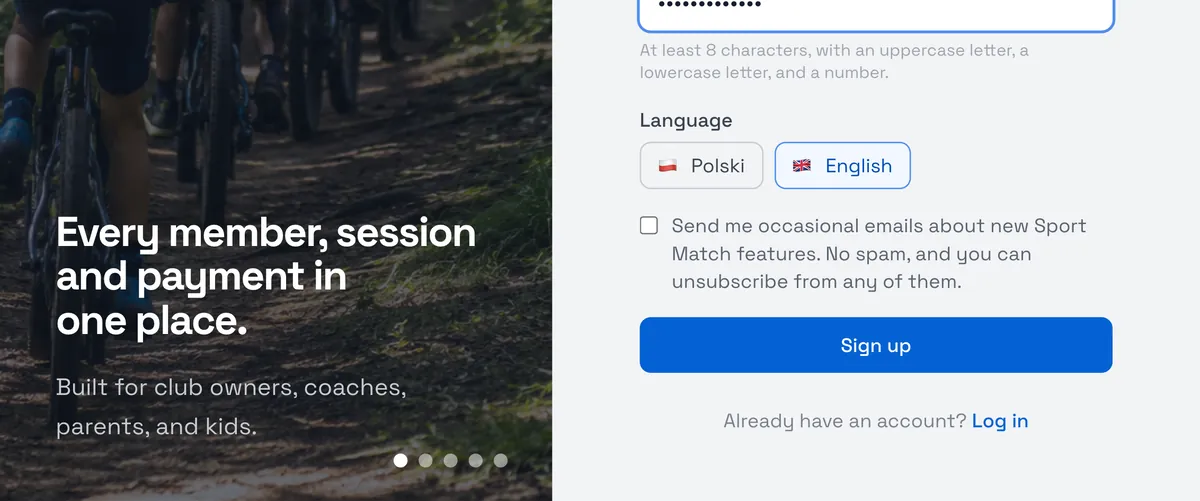 Sport Match screenshot: Go to app.sportmatch.pl and follow the sign-up link below the login form. On Create your account, enter your Email address and a Password — at least 8 characters, with an uppercase letter, a lowercase letter and a number. The phone number is optional here. Choose Sign up.