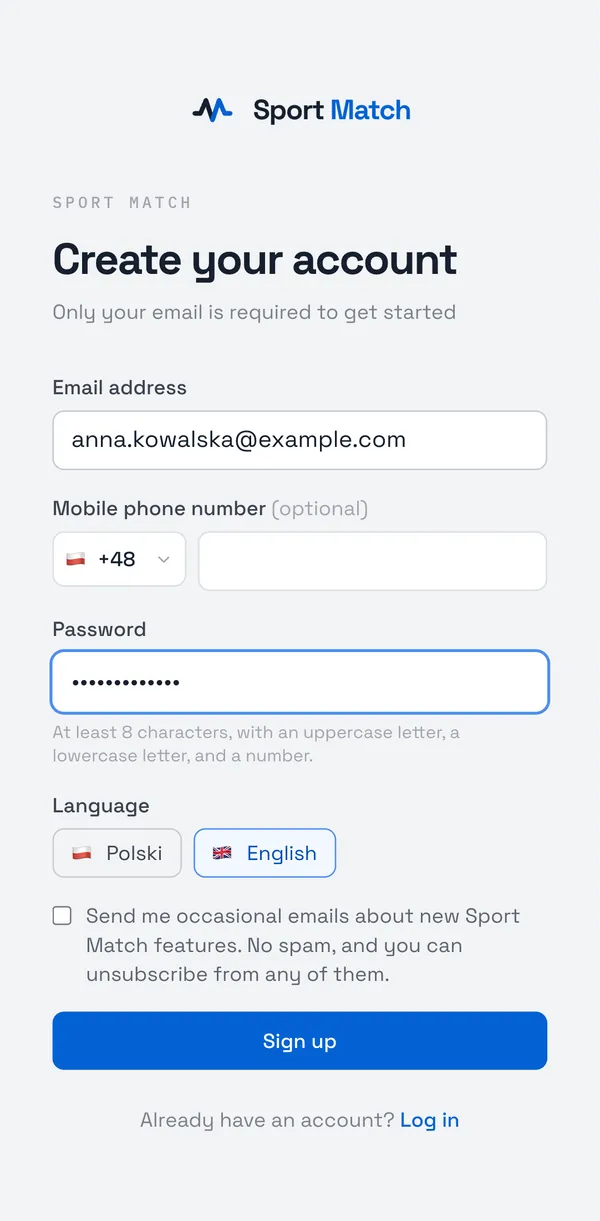 Sport Match screenshot: Go to app.sportmatch.pl and follow the sign-up link below the login form. On Create your account, enter your Email address and a Password — at least 8 characters, with an uppercase letter, a lowercase letter and a number. The phone number is optional here. Choose Sign up.