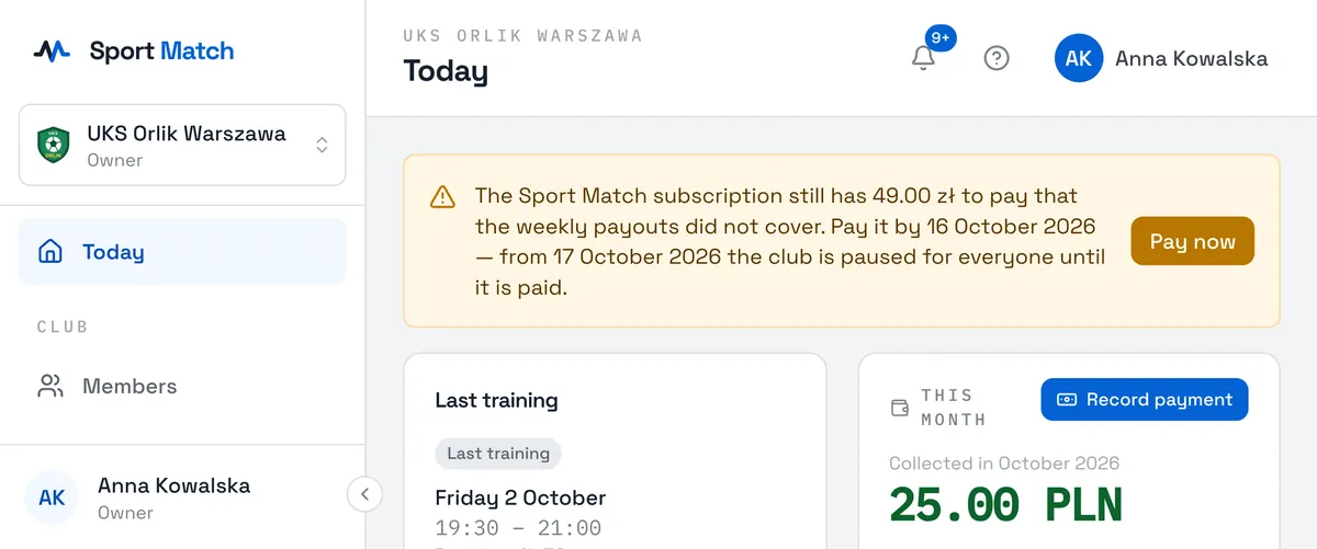 Sport Match screenshot: The bar with the amount still to pay, the deadline and the date the club would be paused.