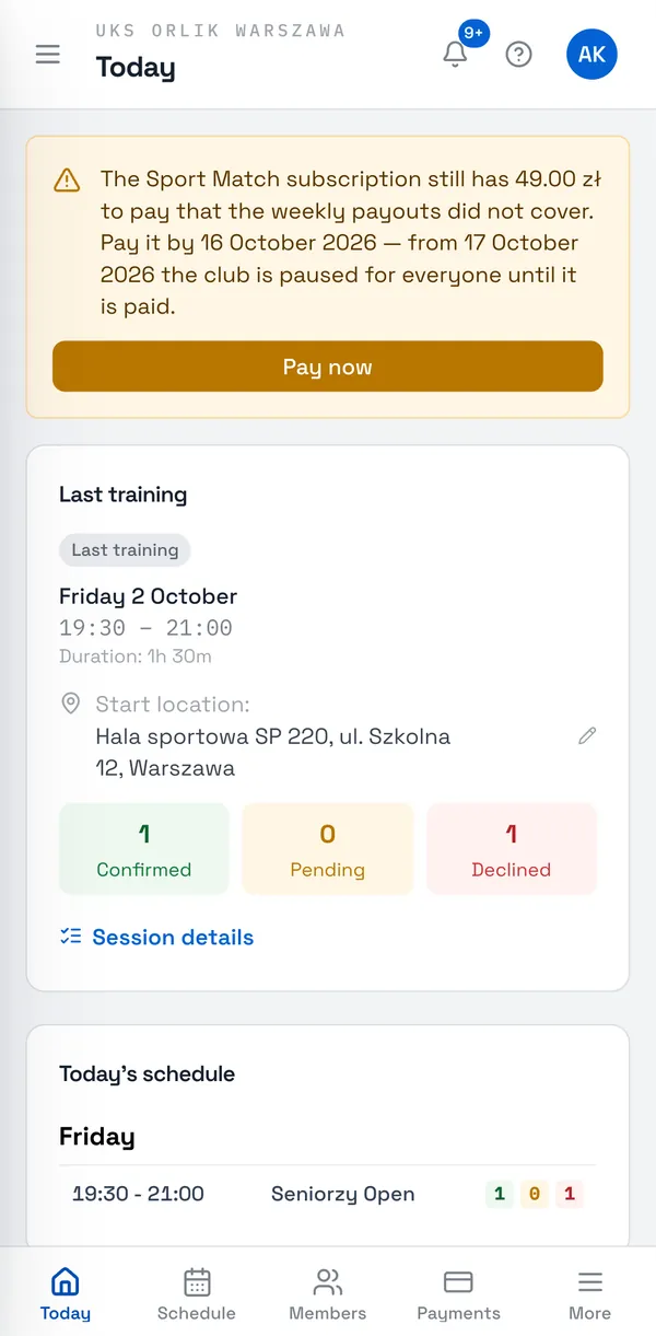 Sport Match screenshot: The bar with the amount still to pay, the deadline and the date the club would be paused.