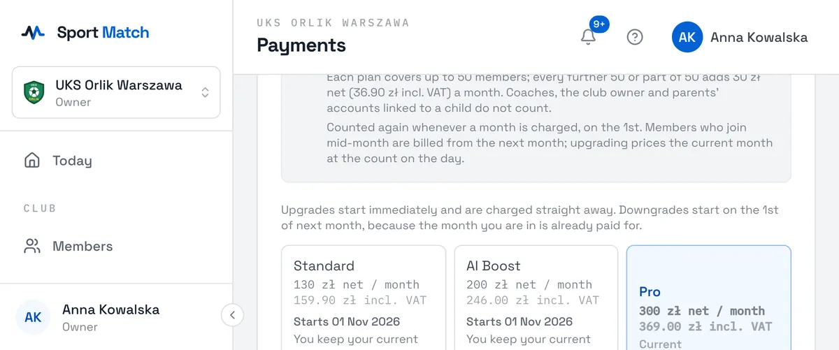 Sport Match screenshot: Click Change plan. Each plan shows when it would start and what you would pay.