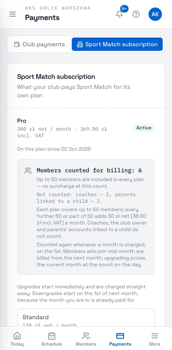Sport Match screenshot: Click Change plan. Each plan shows when it would start and what you would pay.