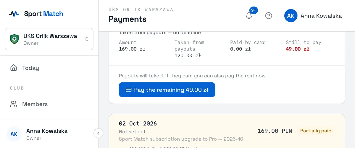 Sport Match screenshot: Under Payments, on the Sport Match subscription tab, the Subscription charges card shows for each charge: the Amount, what was Taken from payouts, what was Paid by card and what is Still to pay. Next to it is the deadline — “Pay by … or the club is paused” — or, for charges from before deadlines applied, “Taken from payouts — no deadline”.