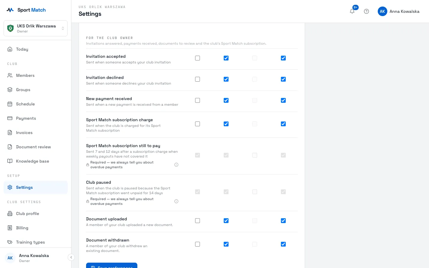 Sport Match screenshot: The subscription notifications in your settings — ticked and locked.