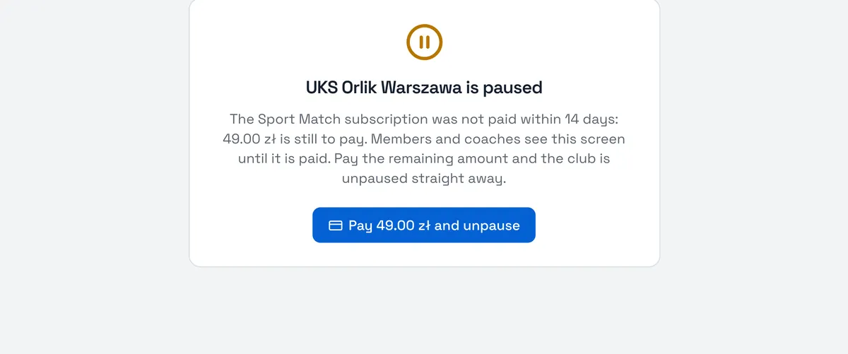 Sport Match screenshot: The paused club screen as the owner sees it.