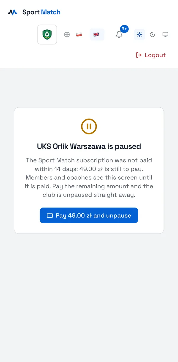 Sport Match screenshot: The paused club screen as the owner sees it.