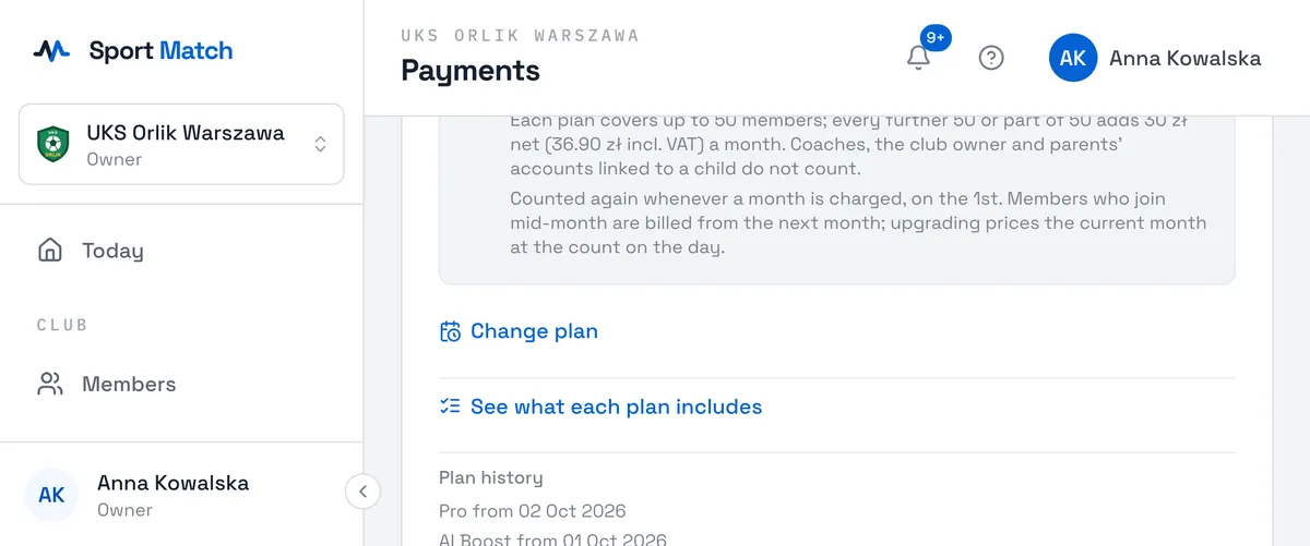Sport Match screenshot: Open Payments and the Sport Match subscription tab. You see the plan, its price, the status (Active) and since when the club has been on it. Below is the list of the club’s payments to Sport Match.