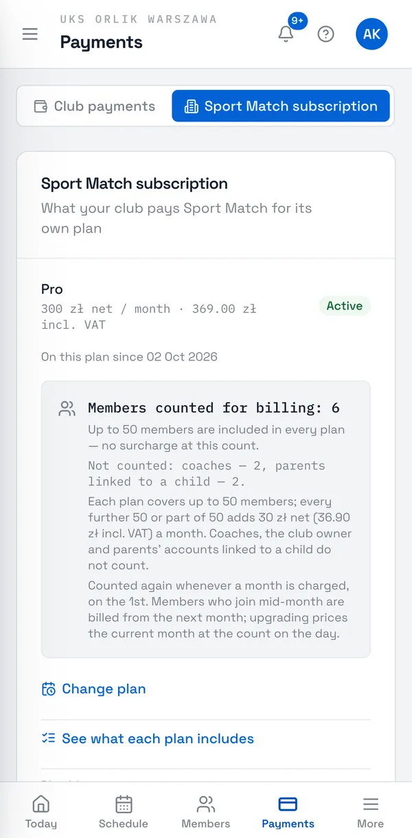 Sport Match screenshot: Open Payments and the Sport Match subscription tab. You see the plan, its price, the status (Active) and since when the club has been on it. Below is the list of the club’s payments to Sport Match.