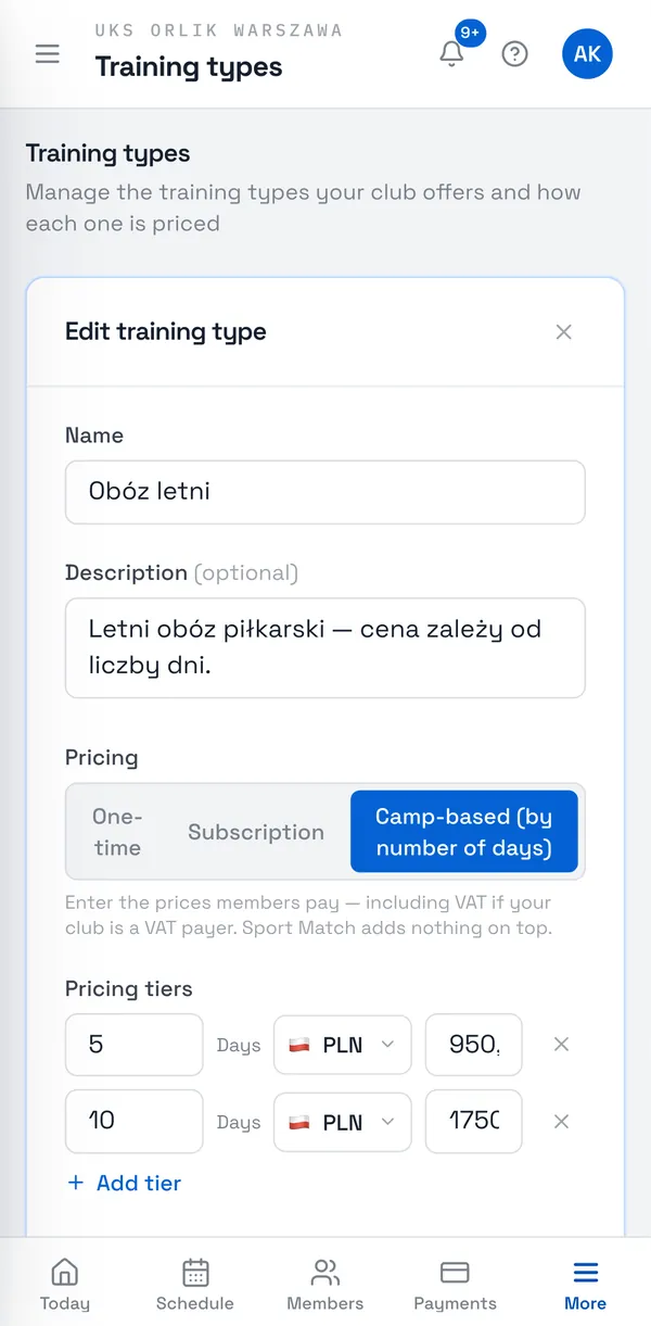 Sport Match screenshot: Camp price tiers: number of days and price.