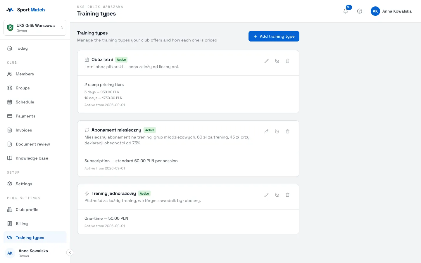 Sport Match screenshot: Choose Add training type.