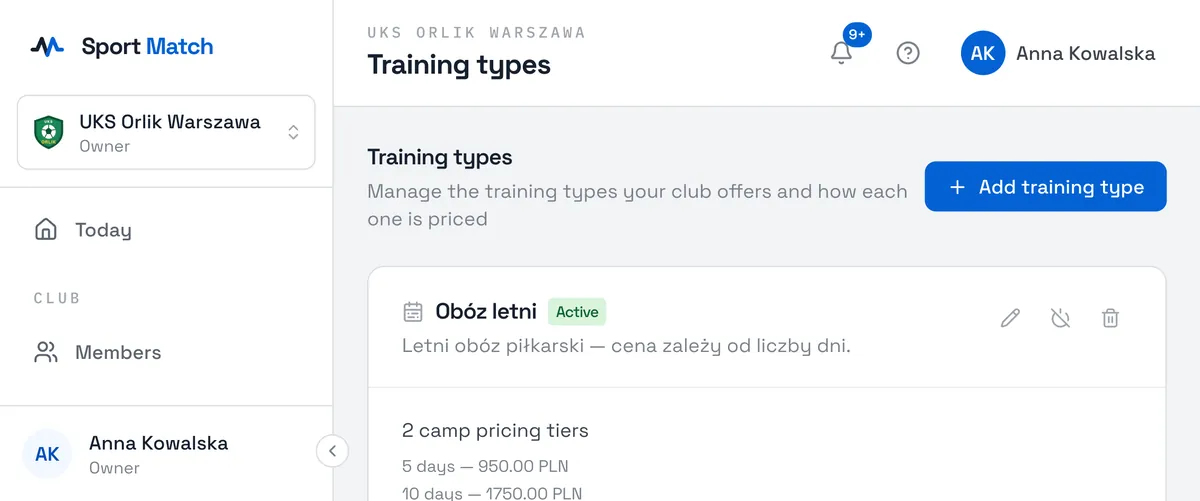Sport Match screenshot: Choose Add training type.