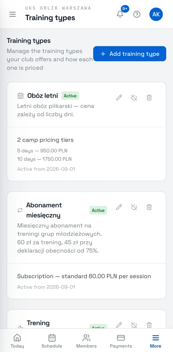 Sport Match screenshot: Choose Add training type.