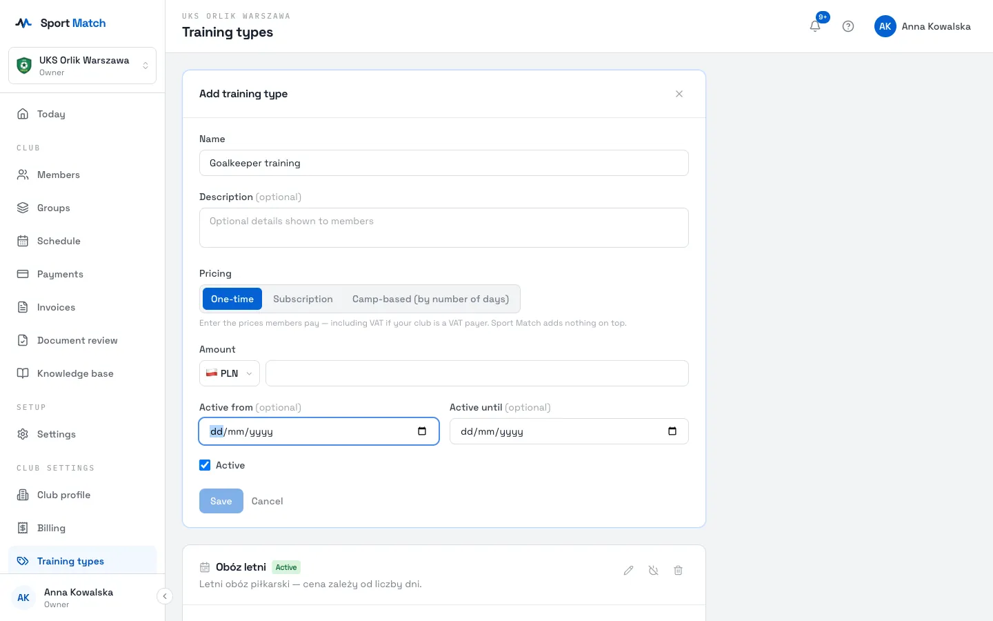 Sport Match screenshot: Enter a Name (e.g. “Monthly membership”) and, if you like, a Description members will see. Under Pricing, choose One-time, Subscription or Camp-based (by number of days) and enter the amounts.