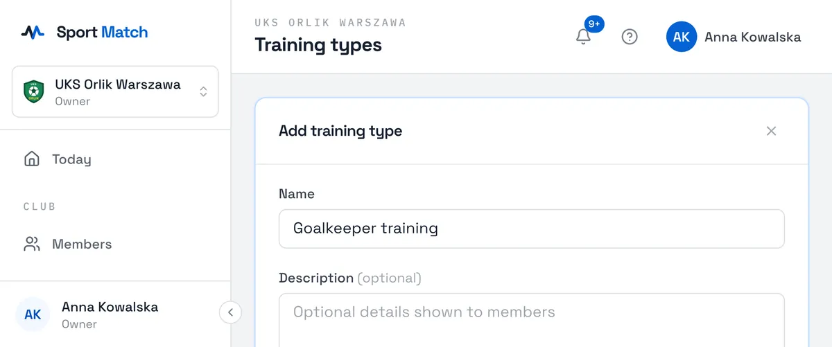 Sport Match screenshot: Enter a Name (e.g. “Monthly membership”) and, if you like, a Description members will see. Under Pricing, choose One-time, Subscription or Camp-based (by number of days) and enter the amounts.
