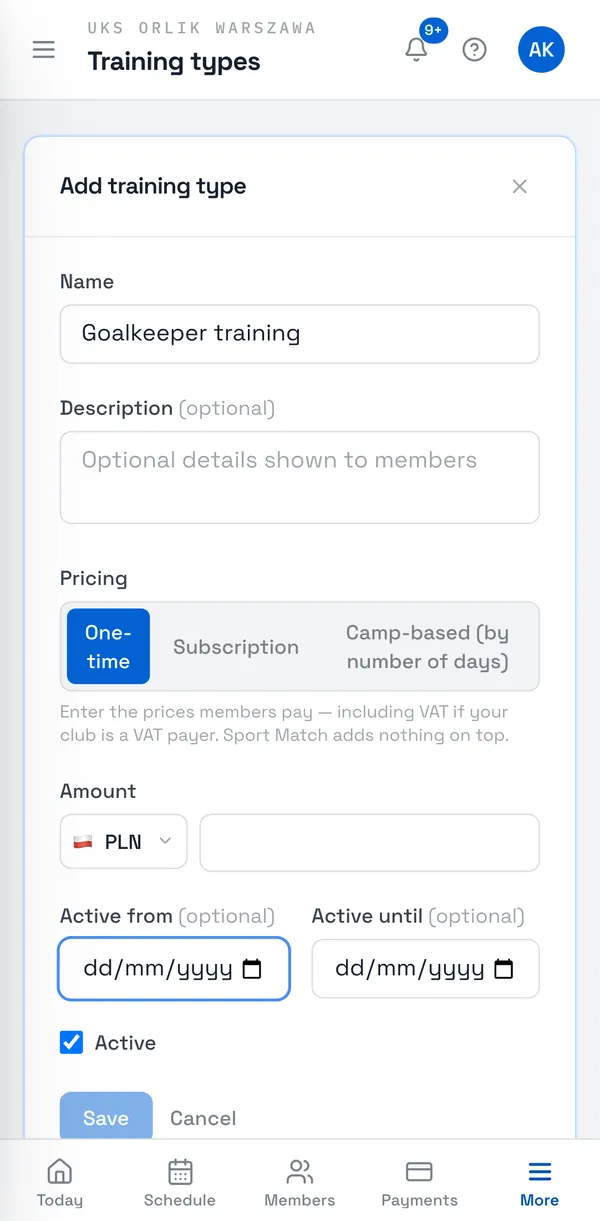 Sport Match screenshot: Enter a Name (e.g. “Monthly membership”) and, if you like, a Description members will see. Under Pricing, choose One-time, Subscription or Camp-based (by number of days) and enter the amounts.