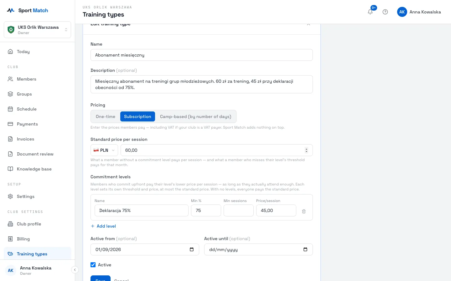 Sport Match screenshot: For a subscription, enter the Standard price per session, and under Commitment levels choose Add level: Name, Min % (required attendance), optionally Min sessions, and Price/session. A level’s price can’t be higher than the standard price.