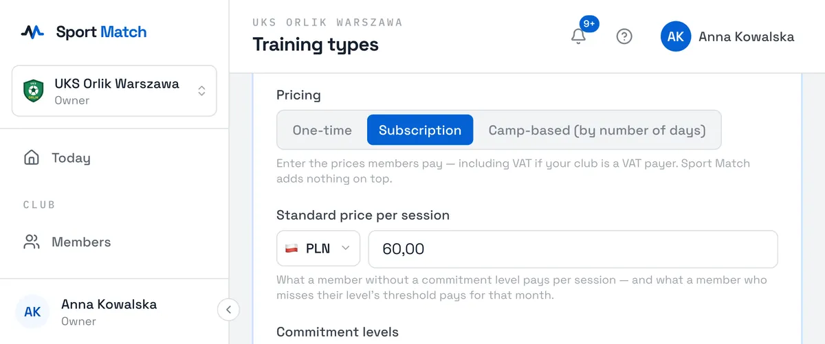 Sport Match screenshot: For a subscription, enter the Standard price per session, and under Commitment levels choose Add level: Name, Min % (required attendance), optionally Min sessions, and Price/session. A level’s price can’t be higher than the standard price.