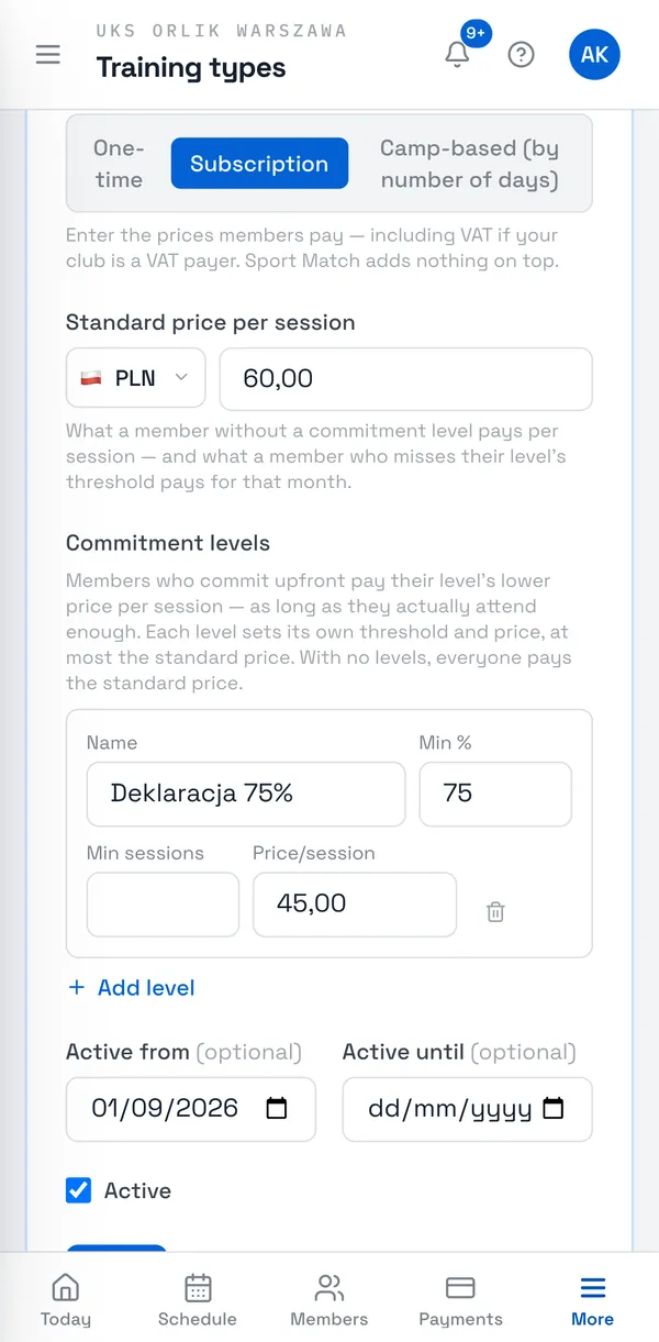 Sport Match screenshot: For a subscription, enter the Standard price per session, and under Commitment levels choose Add level: Name, Min % (required attendance), optionally Min sessions, and Price/session. A level’s price can’t be higher than the standard price.