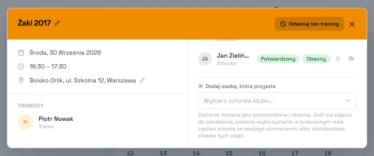 Zrzut ekranu Sport Match: W otwartych zajęciach, pod listą uczestników, znajdź Dodaj osobę, która przyszła (przed rozpoczęciem: Dodaj osobę, która przyjdzie).
