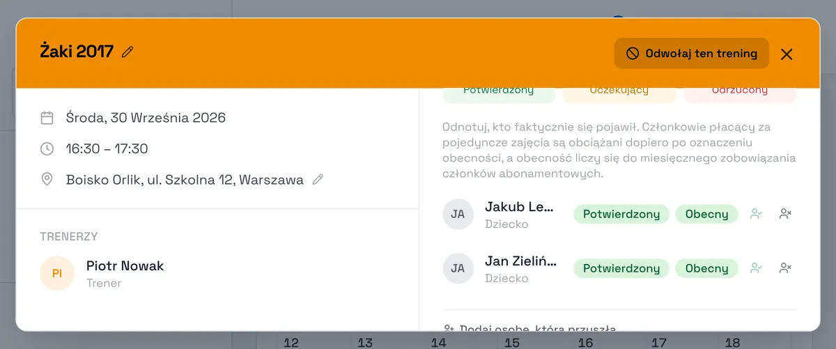 Zrzut ekranu Sport Match: Przy każdym zawodniku kliknij Oznacz jako obecnego albo Oznacz jako nieobecnego. Obok imienia pojawi się Obecny lub Nieobecny, a na górze licznik obecnych.