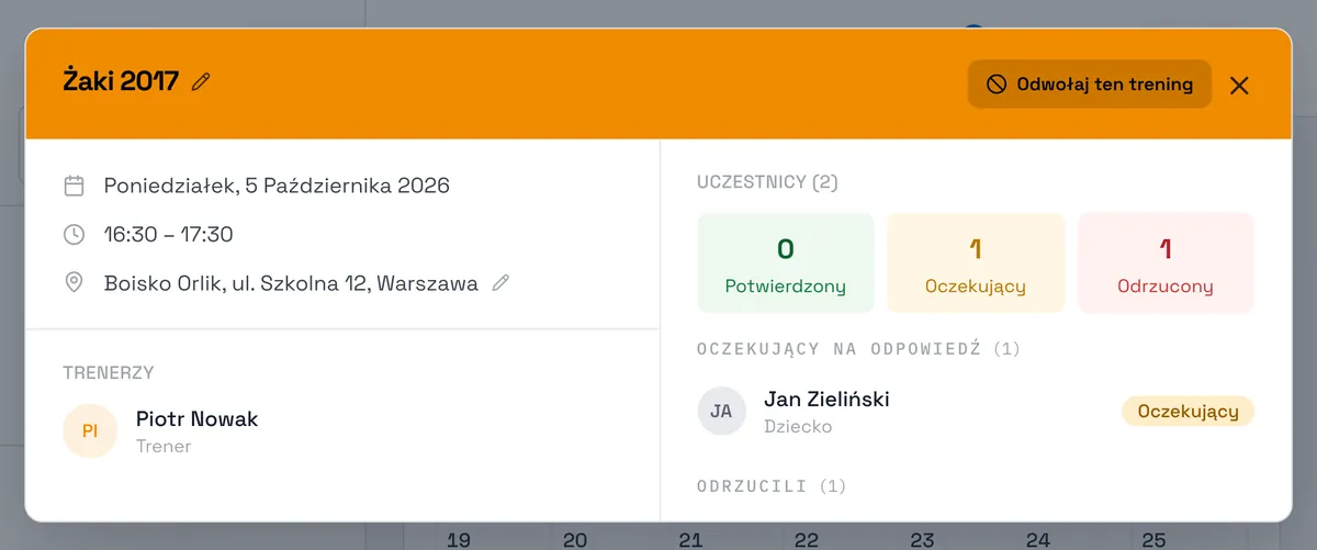 Zrzut ekranu Sport Match: Nadchodzące zajęcia: jeden zawodnik czeka na odpowiedź, jeden odwołał.
