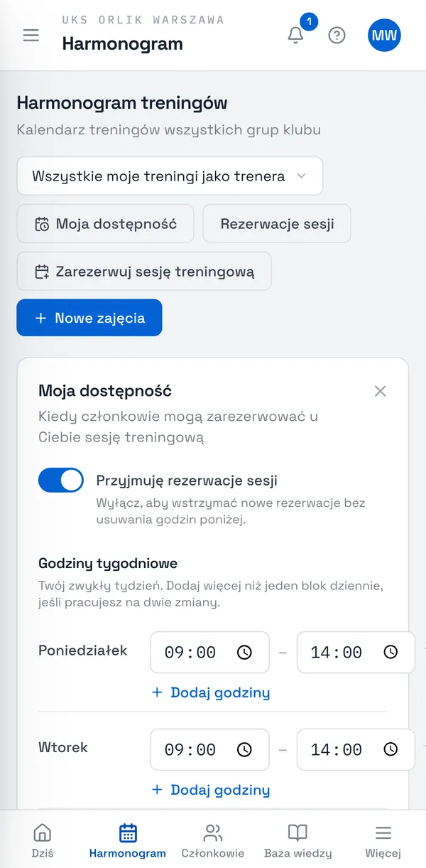 Zrzut ekranu Sport Match: Włącz Przyjmuję rezerwacje sesji. Wyłączenie wstrzymuje nowe rezerwacje, ale nie kasuje godzin.