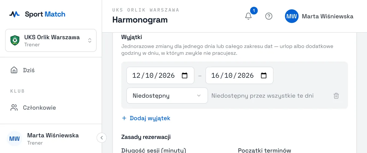 Zrzut ekranu Sport Match: Wyjątek: urlop od 12 do 16 października.