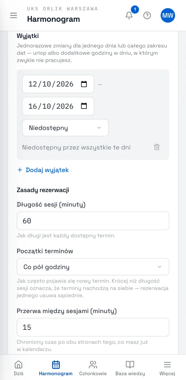 Zrzut ekranu Sport Match: Wyjątek: urlop od 12 do 16 października.