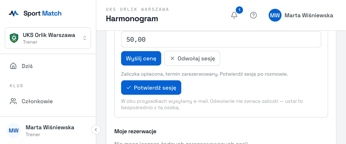 Zrzut ekranu Sport Match: Rezerwacja gościa z opłaconą zaliczką czeka na potwierdzenie trenera.