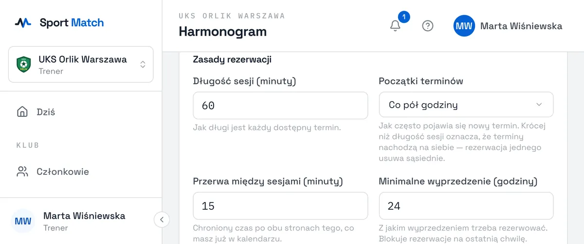 Zrzut ekranu Sport Match: Zasady rezerwacji.