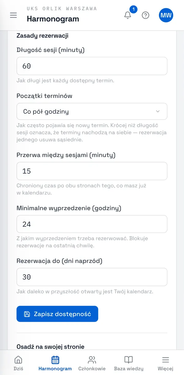 Zrzut ekranu Sport Match: Zasady rezerwacji.