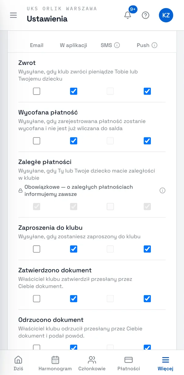 Zrzut ekranu Sport Match: Zaległe płatności: kanały zaznaczone i zablokowane.
